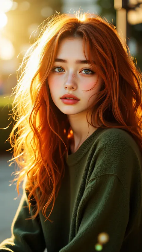 8k, masterpiece, highest quality, Vibrant, woman, vibrant ginger hair, long wavy locks, green sweater, soft natural lighting, bokeh background, warm tones, ethereal glow, delicate features, flawless skin, outdoor setting, golden hour, dreamy atmosphere, hi...