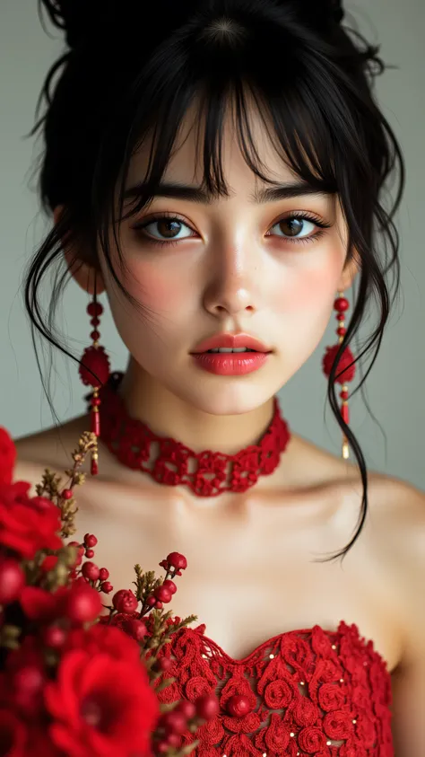 8k, masterpiece, highest quality, Close-up,  three-quarter view,  dark hair, high bun, subtle makeup,  eyes, lips, strapless dress, red, embroidered, textured fabric,  red choker,  matching earrings,  dangle, red flowers, soft lighting, elegance, beauty, p...