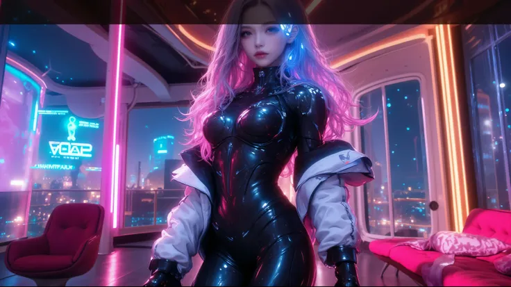 A full-body portrait of a futuristic cyberpunk woman standing in luxurious high-tech apartments. The scene is bright and vibrant, filled with advanced technological machines and elegant cyberpunk decor. She wears a sleek, high-tech bodysuit with glowing cy...