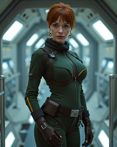 wide angle, high angle, Unique Female Character, a beautiful space explorer woman, subject is standing in the stairway of a spaceship corridor, looking up at the viewer, woman has auburn hair in a pixie style, hoop earrings, modeling pose, fit and feminine...