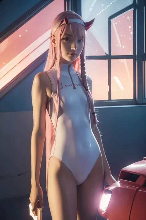 dynamic angle,ultra-detailed, illustration, straight on, 1girl, ((Zero two, interface headband with a pair of horns, red bodysuit:1.4, pink hair)), Her eyes shone like dreamy stars,(glowing eyes:1.233),(beautiful and detailed eyes:1.1),(expressionless, clo...