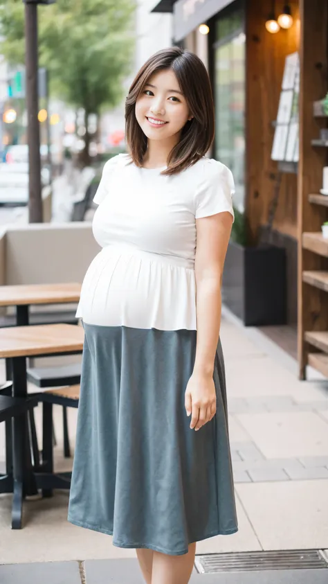 masterpiece, Best Quality, 8K,looking at the viewer,Japanese Lady,20 years old, huge pregnant, Voluptuous, coffee shop background, plain peplum shirt, midi skirt, sweet smile, standing, shoulder length hair