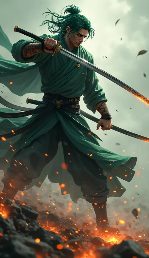 An ultra HD 8K anime-style illustration of a fierce swordsman in battle mode, inspired by legendary warriors. He wields three swords with perfect precision, his intense gaze locked onto his opponent. His green hair flows in the wind as his battle aura igni...