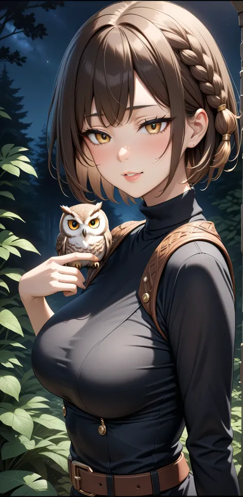 Upper body,  ((Random Sexy pose)), (elegant mature women), ((Ultra detailing)), (very aesthetic, best quality, ultra detailed), intricate details,
1girl, short hair, Brown hair, Gold eyes, owl hair ,braids hair, (Detailed eyes)), ((Beautifull eyes)), ((pre...