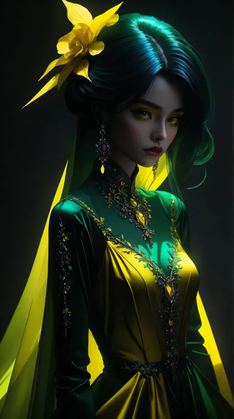 Kizi，Highly detailed, Amazing work，Vitreous luster,((clean backdrop))，In green，(((yellow colors)))，blue color，pink colour，Best quality at best，clean backdrop。goth, plunging neckline,  shiny skin, masterpiece:1.5, 