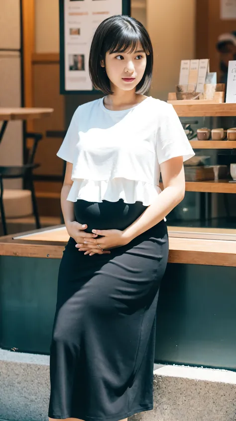 masterpiece, Best Quality, 8K,looking at the viewer,Japanese Lady,20 years old, huge pregnant, Voluptuous, coffee shop background, plain peplum shirt, midi skirt, sitting, short length hair