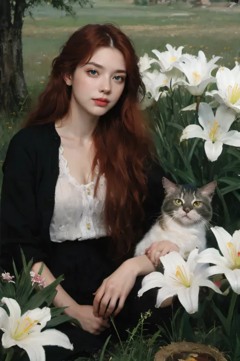 (oil painting:1.5),
\\
a woman with (red long curtly hair ), ((green eyes)) and lily flowers in her hair is laying down in a field of white lily flowers, with cat, with persian black cat, (amy sol:0.248), (stanley artgerm lau:0.106), (a detailed painting:0...