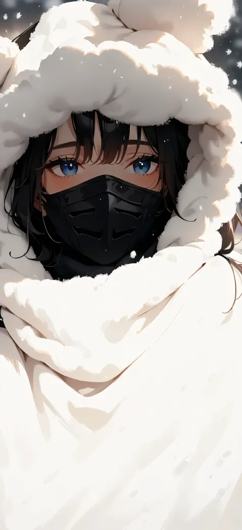 1girl, larg blue eyes, wearing a white coat and a black mask, cold, with a covered face, covered face, a cold, wearing all black mask, face covered, cold snow outside, wearing hood, chilly,mask, cold weather, wearing fluffy black scarf, chiho