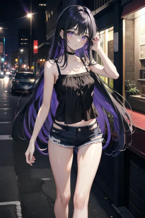 (masterpiece), (best quality), ultra detailed, finely detailed color, cenematic painting, bishoujo, model, ((one lady)), ager, cute face, black hair, absurdly long hair, straight hair, (violet eyes:1.2), purple eyes, walking, chocker, ((black camisole)), s...