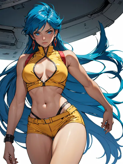 ((Masterpiece, highest quality; 1.3)), super quality, beautiful detail, super detailed, extra fine, 16K, exquisite, absurd, high resolution, beautiful eyes, beautiful skin, anime style, Dirty Pair Yuri in a skimpy YELLOW outfit, blue hair, blue eyes, earri...