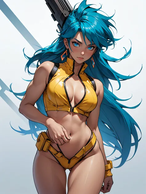 ((Masterpiece, highest quality; 1.3)), super quality, beautiful detail, super detailed, extra fine, 16K, exquisite, absurd, high resolution, beautiful eyes, beautiful skin, anime style, Dirty Pair Yuri in a skimpy YELLOW outfit, blue hair, blue eyes, earri...