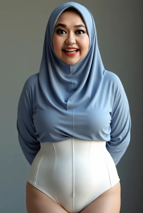 (WHITE HIGH WAIST CORSET UNDERWEAR), Chubby Bursting breasts, I am 69 years old , Wearing periwinklehijab, Skinny hijab skinny hijab skinny hijab skinny hijab, (photorealistic:1.6) Indonesian hijab skinny dry aunty , both hands lying behind back