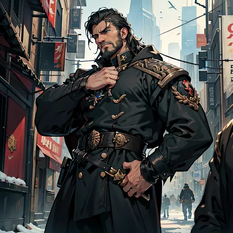 ((Best quality)), ((masterpiece)), ((realistic cartoon)), ((perfect character)):
In this stunning and highly detailed realistic cartoon, we present a male human. The man stands tall, a middle-aged man, and he's Commissar from Warhammer 40K, and powerfully...