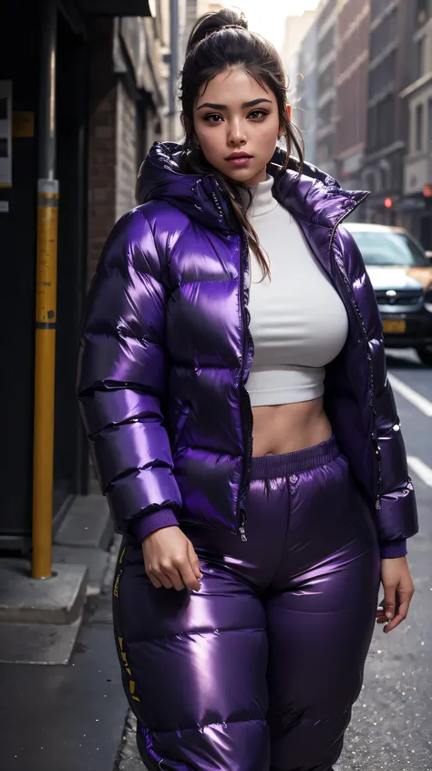 Stunning wallpaper of an sexy, hot, curvy body, ponytail, Latina woman. She is on a big party. she wear an shiny, completely enclosureable, (( oversized shiny dark purple puffer down coat jacket and pants, by parkasite:1.3), ((very high yoked)). Tiny sport...