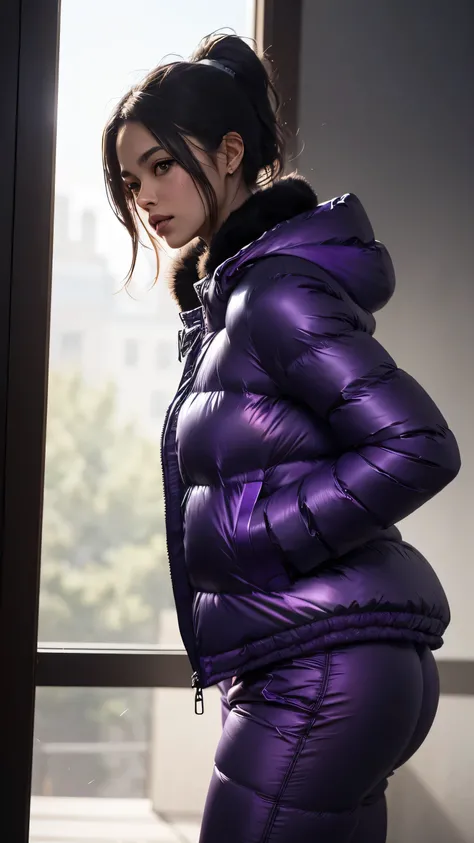 Stunning wallpaper of an sexy, hot, curvy body, ponytail, Latina woman. She is on a big party. she wear an shiny, completely enclosureable, (( oversized shiny dark purple puffer down coat jacket and pants, by parkasite:1.3), ((very high yoked)). Tiny sport...