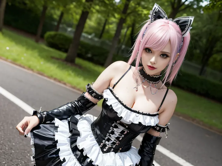 sexy stylish Swedish model, only 1 female, ((doll-like appearance)), long neon pink stylish hair, ((shiny Punk-Style boots)), (happy smile), ultra detailed eyes, Punk makeup, lipgloss, ((sexy Punk Lolita cosplay)), unconventional skirt, petticoats, high ne...