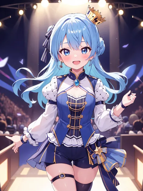 1girl, solo, concert, stage, stage lights, cowboy shot, idol, SuiseiStellar, long hair, half updo, tilted crown, white shrug \(clothing\), juliet sleeves, blue brooch, blue pinstripe shirt, blue vest, half gloves, blue shorts, half-skirt, o-ring thigh stra...