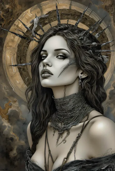 a woman, slave collar with a large chain attached, small metal tubes come out of her head forming a kind of concentric halo, close portrait, hyperrealistic porcelain texture, dramatic black eyeshadow, dark surreal aesthetic, gothic dreamlike atmosphere, sm...