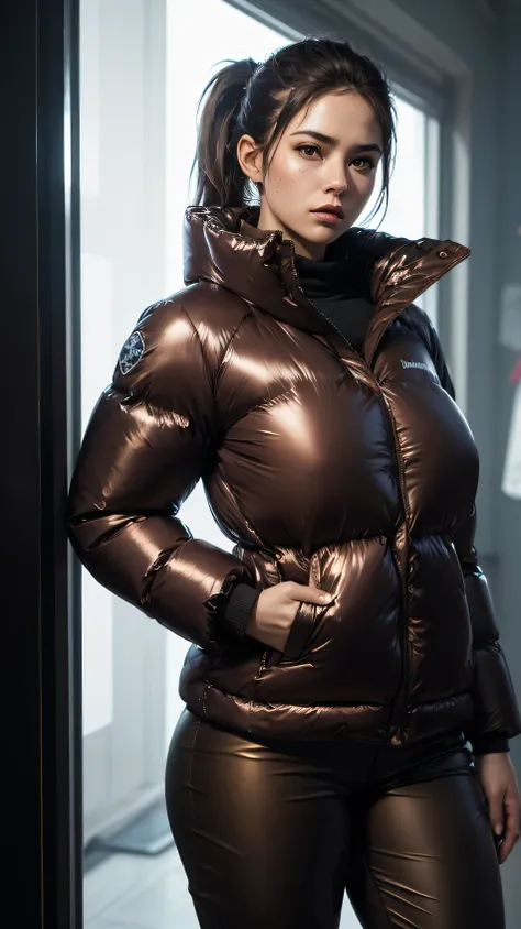 Stunning wallpaper of an sexy, hot, curvy body, ponytail, Norwegian girl. Brown hair. She is on a big party. she wear an shiny, completely enclosureable, (( oversized shiny dark brown puffer down coat jacket and pants, by parkasite:1.3), ((very high yoked)...