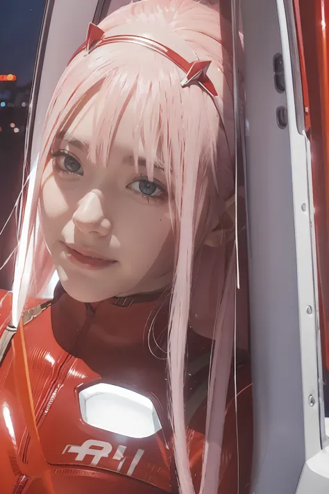 dynamic angle,ultra-detailed, illustration, straight on, 1girl, ((Zero two, interface headband with a pair of horns, red bodysuit:1.4, pink hair)), Her eyes shone like dreamy stars,(glowing eyes:1.233),(beautiful and detailed eyes:1.1),(expressionless, clo...