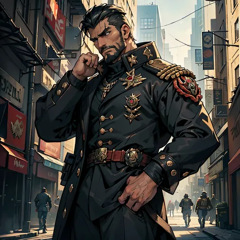 ((Best quality)), ((masterpiece)), ((realistic cartoon)), ((perfect character)):
In this stunning and highly detailed realistic cartoon, we present a male human. The man stands tall, a middle-aged man, and he's Commissar from Warhammer 40K, and powerfully...