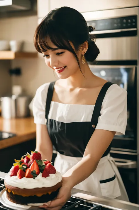 score_9, score_8_up, score_7_up, cinematic still life, beautiful woman, black hair up, white apron over floral mini dress, holding gorgeously decorated birthday cake with strawberries on it, looking at me, tilting head is, smiling, blushing, kind eyes, bir...