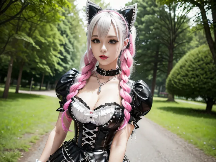 sexy stylish Swedish model, only 1 female, ((doll-like appearance)), long neon pink stylish hair, ((shiny Punk-Style boots)), (happy smile), ultra detailed eyes, Punk makeup, lipgloss, ((sexy Punk Lolita cosplay)), unconventional skirt, petticoats, high ne...