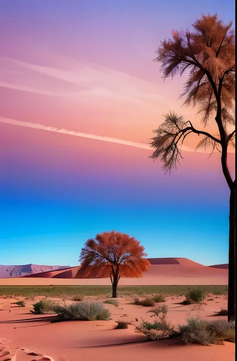 arafed tree in the desert with a pink sky in the background, a photo by Erik Pevernagie, shutterstock contest winner, surrealism, outworldly colours, desert photography, breath-taking beautiful trees, breath - taking beautiful trees, surreal colors, colorf...