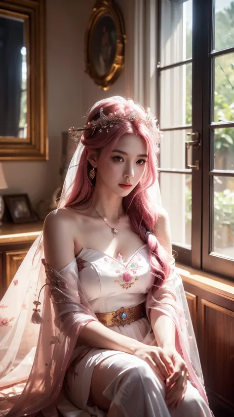 8K, UHD, masterpiece, detailed illustration, HDR, 1 girl, ((white skin)), good face, detailed eyes, detailed eyelid, ((long hair)), pink hair, realistic empress girl, beautiful fantasy empress, pink mesh empress clothing, ((detailed embroidery)), ((ornamen...