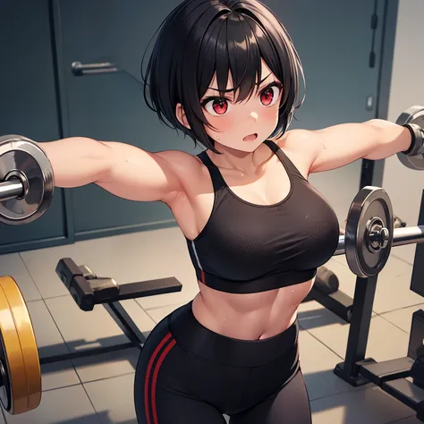 A girl with angry red eyes and jet-black hair styled in a pixie cut, struggling while doing a bench press. She has a tan skin tone and defined abs, with a light sheen of sweat on her body. She's wearing a black, form-fitting workout leggings and a matching...