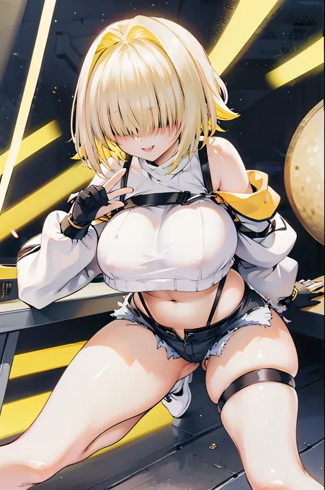 score_9, score_8_up, score_7_up, source_anime BREAK 1girl, solo, elegg, short hair, bangs, hair intakes, multicolored hair, hair over eyes, crop top, bare shoulders, long sleeves, suspenders, midriff, navel, short shorts, thigh strap, multicolored_gloves, ...