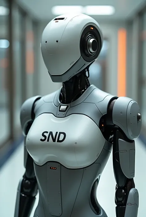 a robot with a gray shirt that says SND and a white box that says SND}