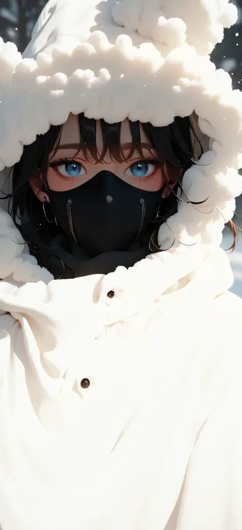 1girl, larg blue eyes, wearing a white coat and a black mask, with a covered face, wearing all black mask, wearing hood, chilly,mask, cold weather, wearing fluffy black scarf, chiho