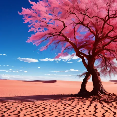 arafed tree in the desert with a pink sky in the background, a photo by Erik Pevernagie, shutterstock contest winner, surrealism, outworldly colours, desert photography, breath-taking beautiful trees, breath - taking beautiful trees, surreal colors, colorf...