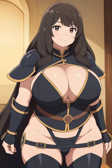 Chubby big boobs black hair brown eyes happy long messy hair smile derdere black armor