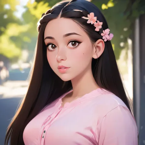 photorealistic, lip gloss, painting, realistic, best quality, ultra high resolution, depth, pastel color, natural shading, focus on face, face only, looking at viewer, long hair, hair accessory, black hair, brown and well detailed eyes, Dress