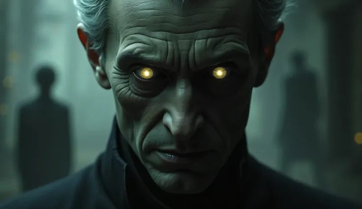 A close-up of Mr. Gray with a calm but unnerving expression, his eyes glowing in the low light. The background hints at shifting shadows and vague figures, emphasizing his supernatural presence.