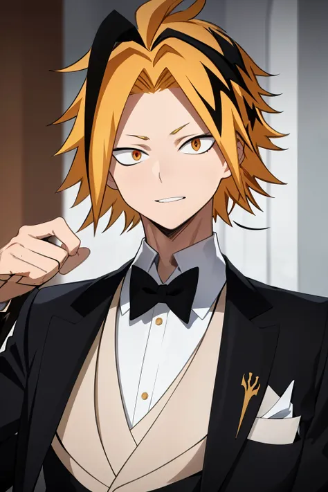  masterpiece , anatomy, 1 , ,  Looking At The Spectator ,  upper body , Kaminari_blonde hair,  multicolored  _hair, gala suit, antifaz  elegant puesta,  elegant, theme:  Mascara Party, Clothing style: Principle, Mascara mask on, Genre:  male, face accessor...