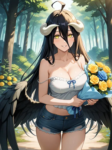 (masterpiece), best quality, expressive eyes, perfect face, 1girl, breasts, solo, horns, long_hair, albedo_(overlord), looking_at_viewer, shorts, cleavage, black_hair, yellow_eyes, smile, short_shorts, bare_shoulders, holding, flower, demon_horns, cowboy_s...