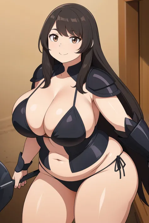 Chubby big boobs black hair brown eyes happy long messy hair smile derdere black armor bikini