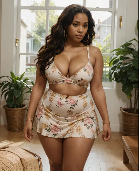 The image features a black thick woman posing indoors by a window. She is wearing a light-colored floral dress with a fitted bodice and a flared skirt. Her body is angled slightly forward, with her hands resting on a surface in front of her. Her hair is sh...