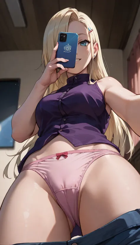 Ino Yamanaka ,  big boobs, selfie pov,  in the room  ,sleeveless purple shirt , long blonde hair her hair covers one of her eyes  ,  below she only wears pink underarm panties visible 