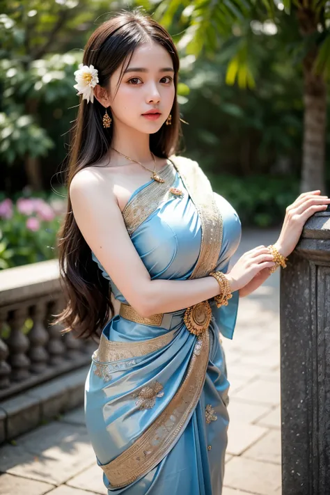 8K, ultra high detailed, an thai girl, cute face, happy, long hair, impressive hairstyle, detailed eyes, detailed lips, thai clothes, saree, drak blue saree, lace, wearing jewellery, nature background, flowers, afternoon, shadow, clear weather, whole body ...