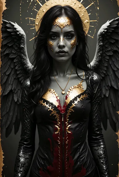 Darkness Falling, Great Famine, bleeding heart, silver and gold, black lace, golden eyes, vehemently passionate illustrated in a dark fantasy style, inspired by the haunting works of Gustave Doré. A sorrowful angel with golden eyes weeps as famine spreads...