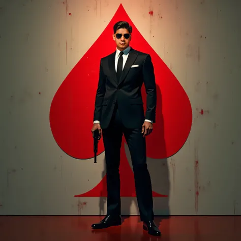  A man in standing pose of James bond movie and Create an image of a pikes card in red drop beyond man on Wall.