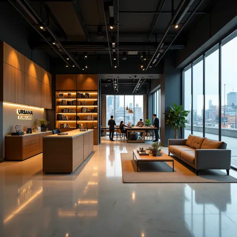 A modern and stylish furniture showroom with a welcoming reception area. The interior features sleek wooden and metal furniture, contemporary lighting, and a minimalist yet elegant design. A well-organized workspace in the background showcases skilled craf...