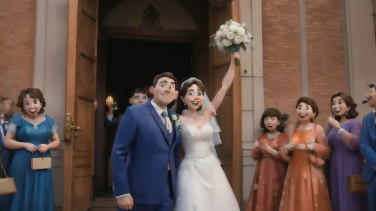 Disney, pixar, masterpiece, best quality, a newly married couple leaving the church, black suit and white dress,