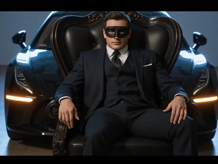 A luxury handsome man sitting on a king throne with black face mask on all his face, soft light from car , and behind him is a luxury car , focus not only on the man
