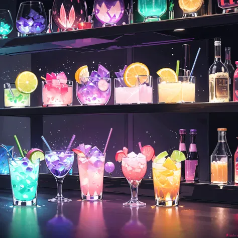 row of 6 cocktail drinks sitting on bar, neon, glow, pinks, blues, purples