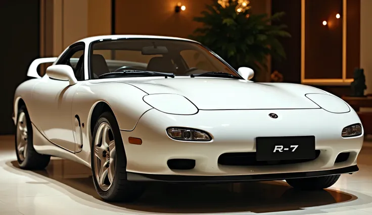 (Mazda RX-7 ) side view white colour in the luxury showroom.The  front plate reads ".   RX-7  " View highlighted.